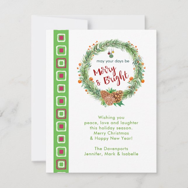 Merry & Bright Christmas Wreath Holiday Card (Front)