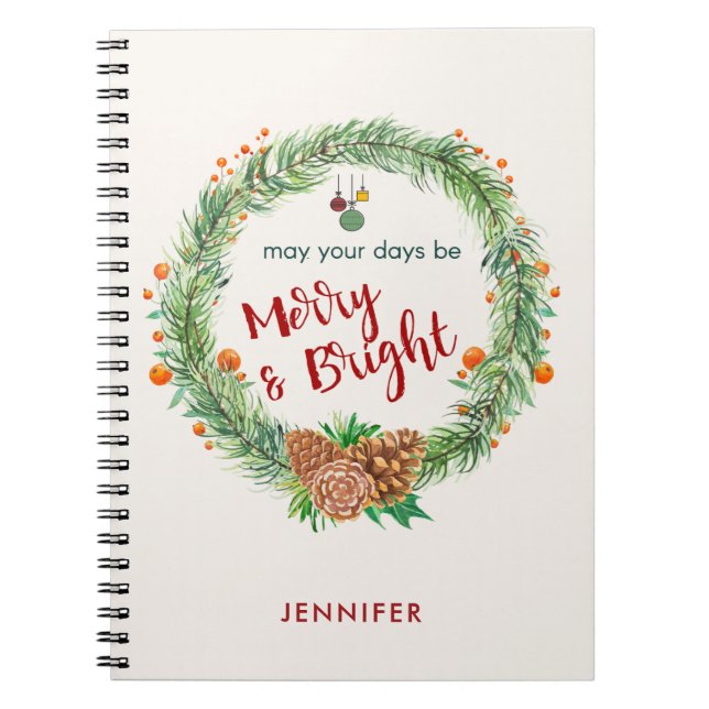 Merry & Bright Christmas Wreath Notebook (Front)
