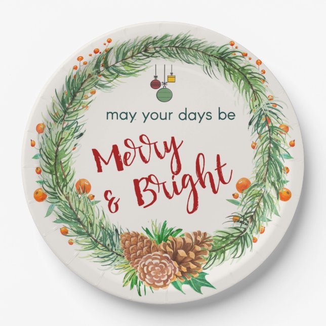 Merry & Bright Christmas Wreath Paper Plates (Front)