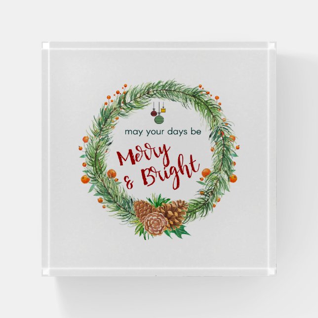 Merry & Bright Christmas Wreath Paperweight (Front)