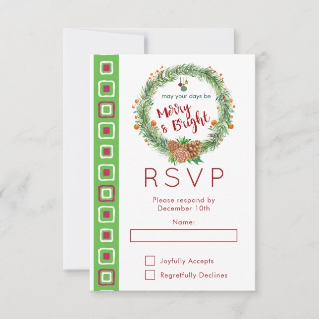 Merry & Bright Christmas Wreath Party RSVP (Front)