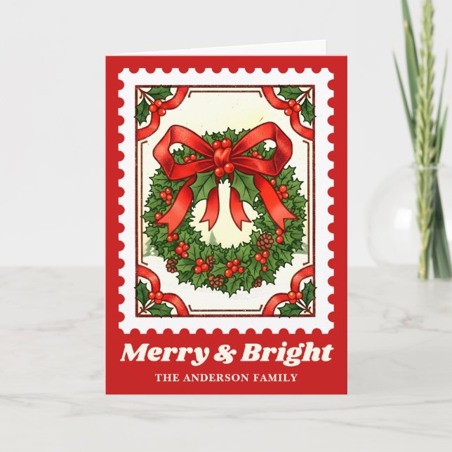 Merry & Bright Christmas Wreath Postage Stamp Holiday Card (Front)
