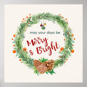 Merry & Bright Christmas Wreath Poster