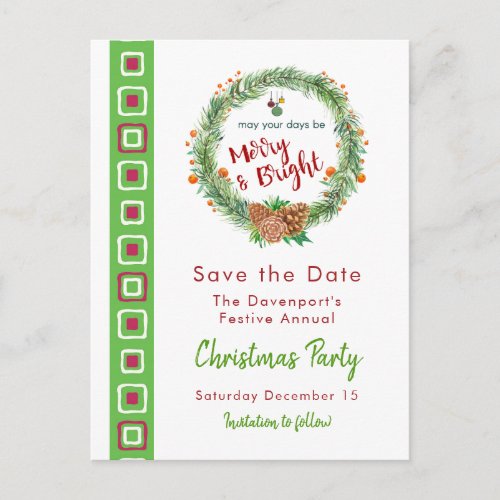 Merry  Bright Christmas Wreath Save the Date Postcard