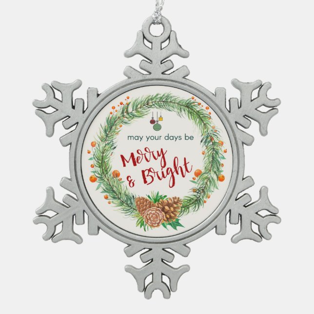 Merry & Bright Christmas Wreath Snowflake Pewter Christmas Ornament (Front)