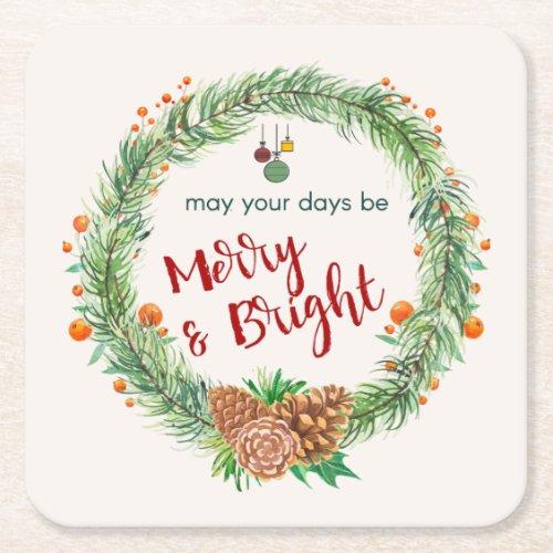 Merry  Bright Christmas Wreath Square Paper Coaster