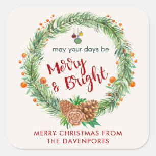 Merry & Bright Christmas Wreath Square Sticker