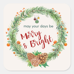 Merry & Bright Christmas Wreath Square Sticker