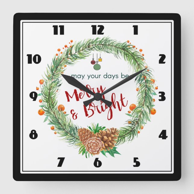 Merry & Bright Christmas Wreath Square Wall Clock (Front)