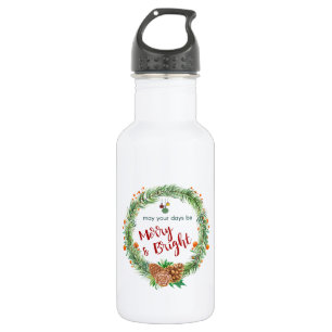 Merry & Bright Christmas Wreath Stainless Steel Water Bottle