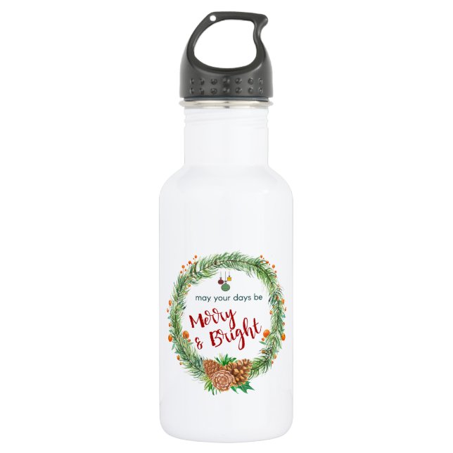 Merry & Bright Christmas Wreath Stainless Steel Water Bottle (Front)