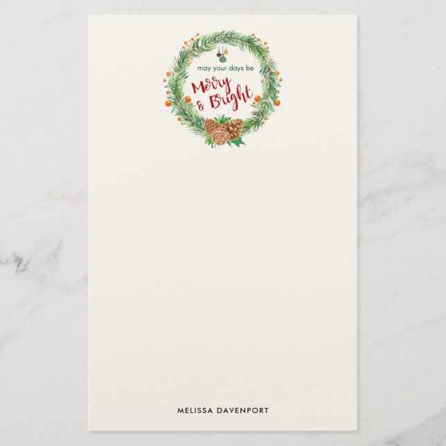 Merry & Bright Christmas Wreath Stationery (Front)