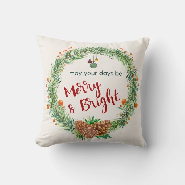 Merry & Bright Christmas Wreath Throw Pillow (Front)