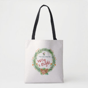Merry & Bright Christmas Wreath Tote Bag
