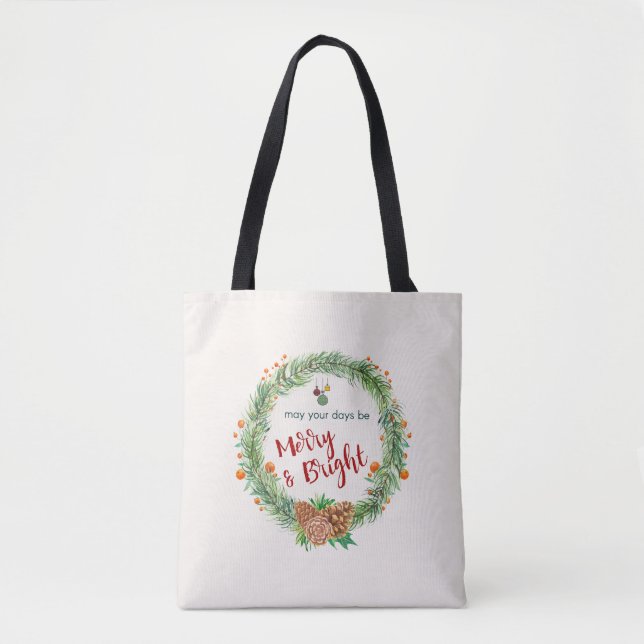 Merry & Bright Christmas Wreath Tote Bag (Front)