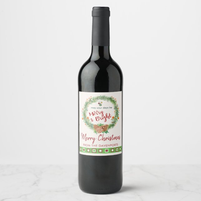 Merry & Bright Christmas Wreath Wine Label (Front)