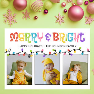 Merry & Bright Colorful 3 Photo Holiday Card