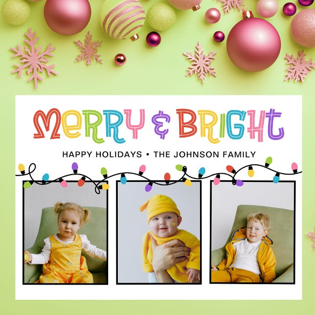 Merry & Bright Colorful 3 Photo Holiday Card (Creator Uploaded)