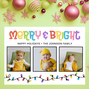 Merry & Bright Colorful 3 Photo Holiday Card