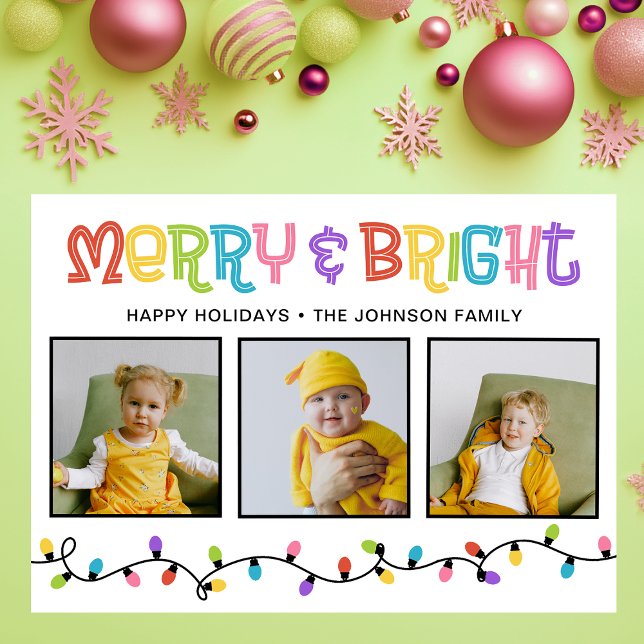 Merry & Bright Colorful 3 Photo Holiday Card (Creator Uploaded)