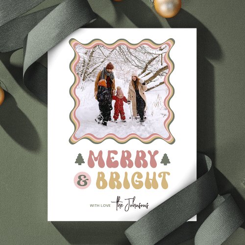 Merry  Bright Colorful 80s Retro Photo Christmas Holiday Card