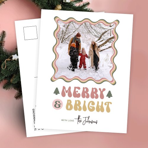 Merry  Bright Colorful 80s Retro Photo Christmas Holiday Postcard