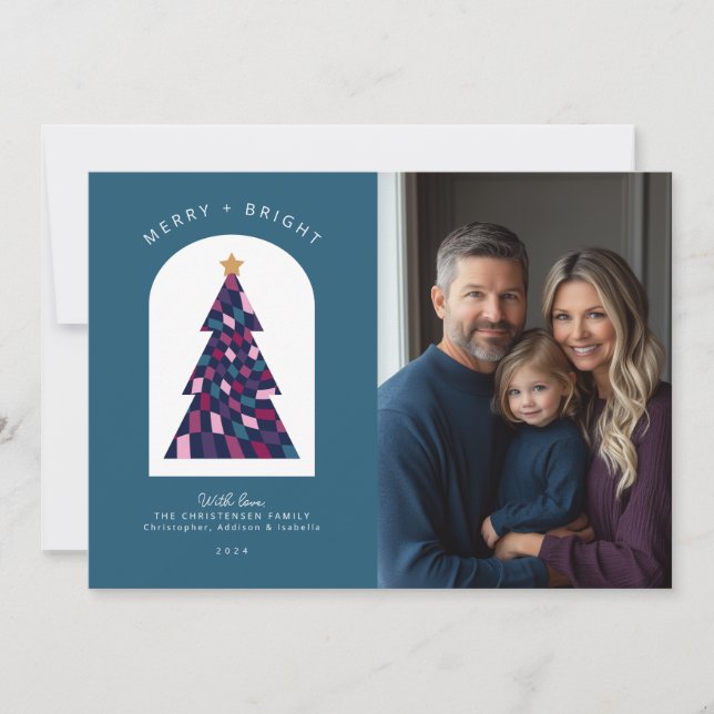 Merry Bright Colorful Bold Christmas Tree Photo Holiday Card (Front)