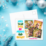 Merry Bright Colorful Christmas 4 Photo Collage Holiday Postcard<br><div class="desc">Cute and cheerful family photo collage holiday cards featuring a colorful strand of Christmas lights wrapped around your kids photograph. May Your Days Be Merry and Bright written in bold letters from light blue to your family name in hot pink. A rainbow of colors for the holidays. Add your favorite...</div>