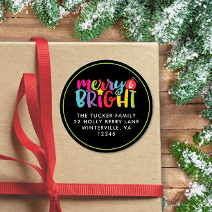 Merry & Bright Colorful Christmas Ornament Address Classic Round Sticker