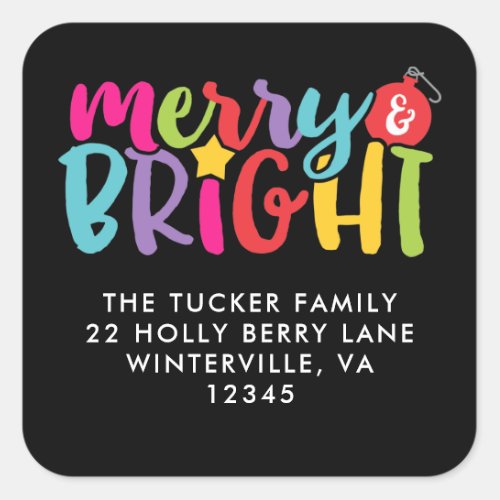 Merry  Bright Colorful Christmas Ornament Address Square Sticker