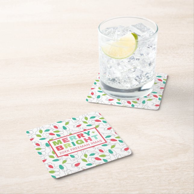 Merry & Bright Colorful Christmas Party Square Paper Coaster (Insitu)