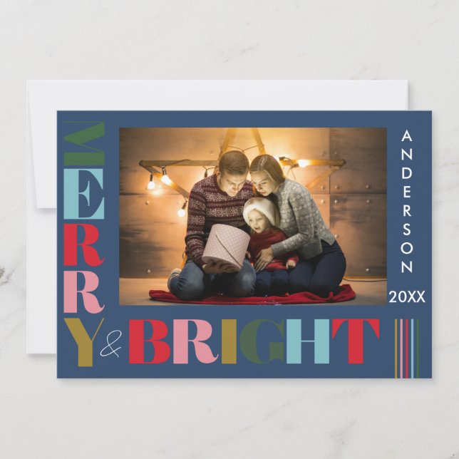 Merry & Bright  Colorful Christmas Photo Navy blue Holiday Card (Front)