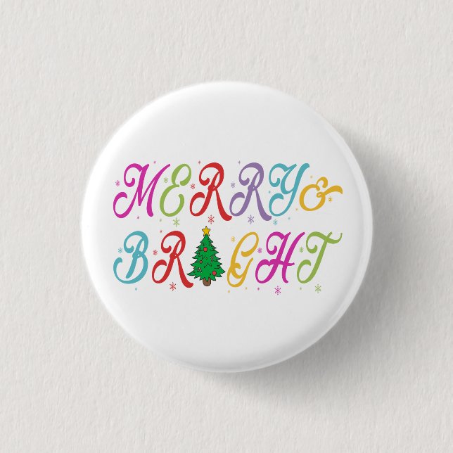 Merry & Bright Colorful Christmas Tree Festive Button (Front)