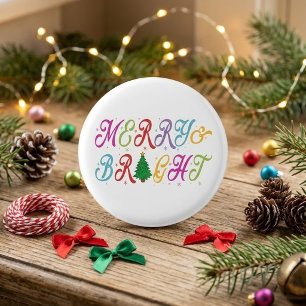 Merry & Bright Colorful Christmas Tree Festive Button