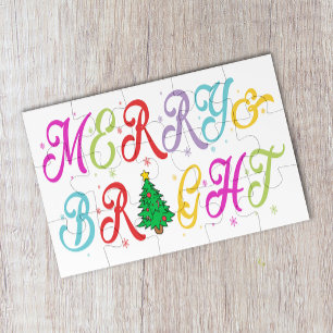Merry & Bright Colorful Christmas Tree Festive Jigsaw Puzzle