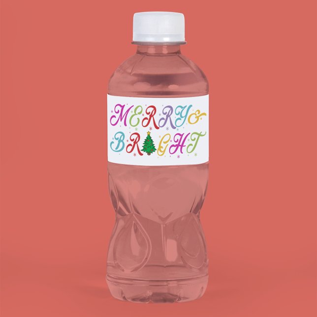 Merry & Bright Colorful Christmas Tree Festive Water Bottle Label (Creator Uploaded)