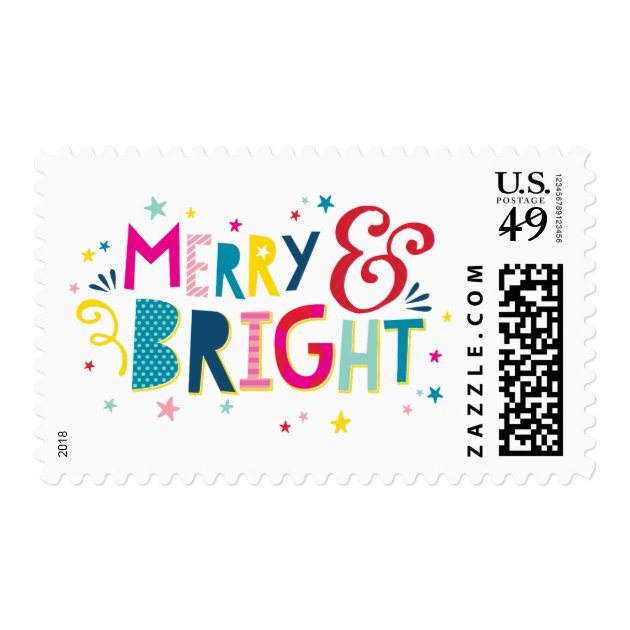 MERRY & BRIGHT Colorful Festive Christmas Holiday Postage