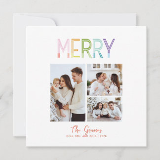 Merry bright colorful fun three photo christmas holiday card