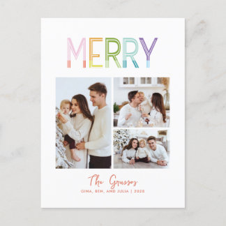 Merry bright colorful fun three photo christmas holiday postcard