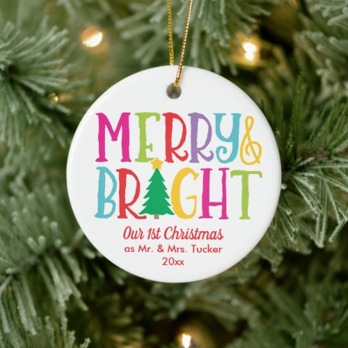 Merry  Bright Colorful Merry Christmas Ceramic Ornament
