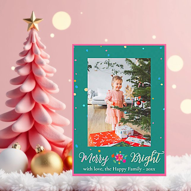 Merry Bright Colorful Photo Christmas  Holiday Card (Merry and Bright Christmas Greeting Card photo personalize with family name and year.)