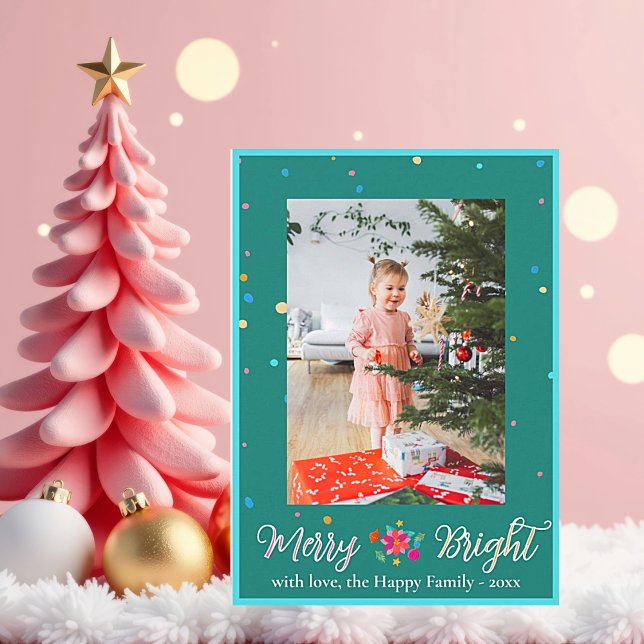 Merry Bright Colorful Photo Christmas  Holiday Card (Merry and Bright Christmas Greeting Card photo personalize with family name and year.)