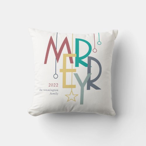 Merry Bright Colorful Red Yellow Green Navy Throw Pillow