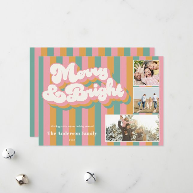 Merry & Bright Colorful Retro Christmas 3 Photo Holiday Card (Front/Back In Situ)