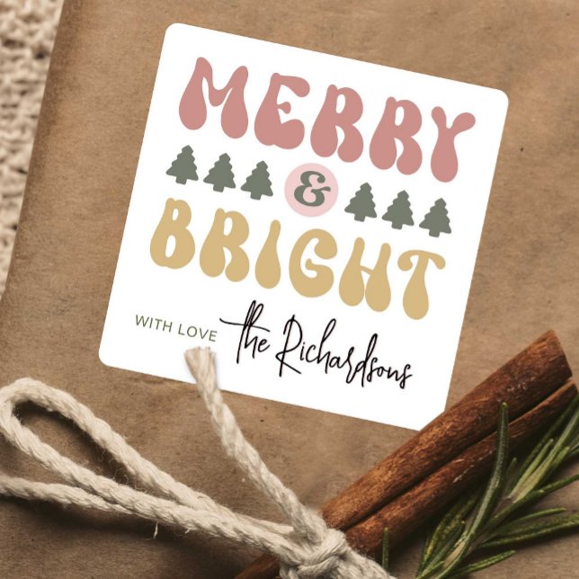 Merry & Bright Colorful Retro Groovy Fun Christmas Square Sticker (Add a bit of fun to your gift packaging with this retro Merry & Bright Christmas sticker design)
