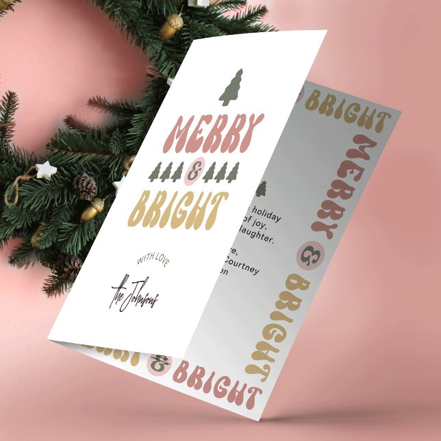 Merry & Bright Colorful Retro No Photo Christmas Holiday Card (Stand out and impress with this fun nostalgic Merry & Bright Christmas Holiday Card)