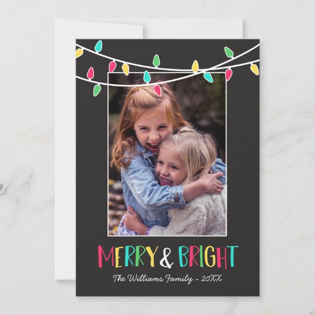 Merry & Bright - Colorful String Lights - Photo Holiday Card