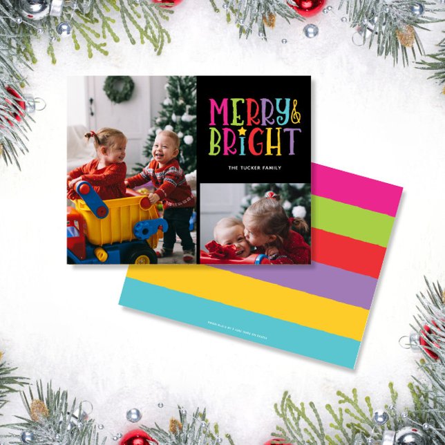 Merry & Bright Colorful Stripes 2-Photo Christmas Holiday Card (Creator Uploaded)