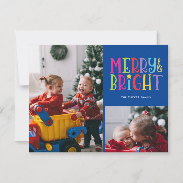 Merry & Bright Colorful Stripes 2-Photo Christmas Holiday Card (Front)