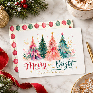 Merry & Bright Colorful Watercolor Christmas Trees Holiday Card
